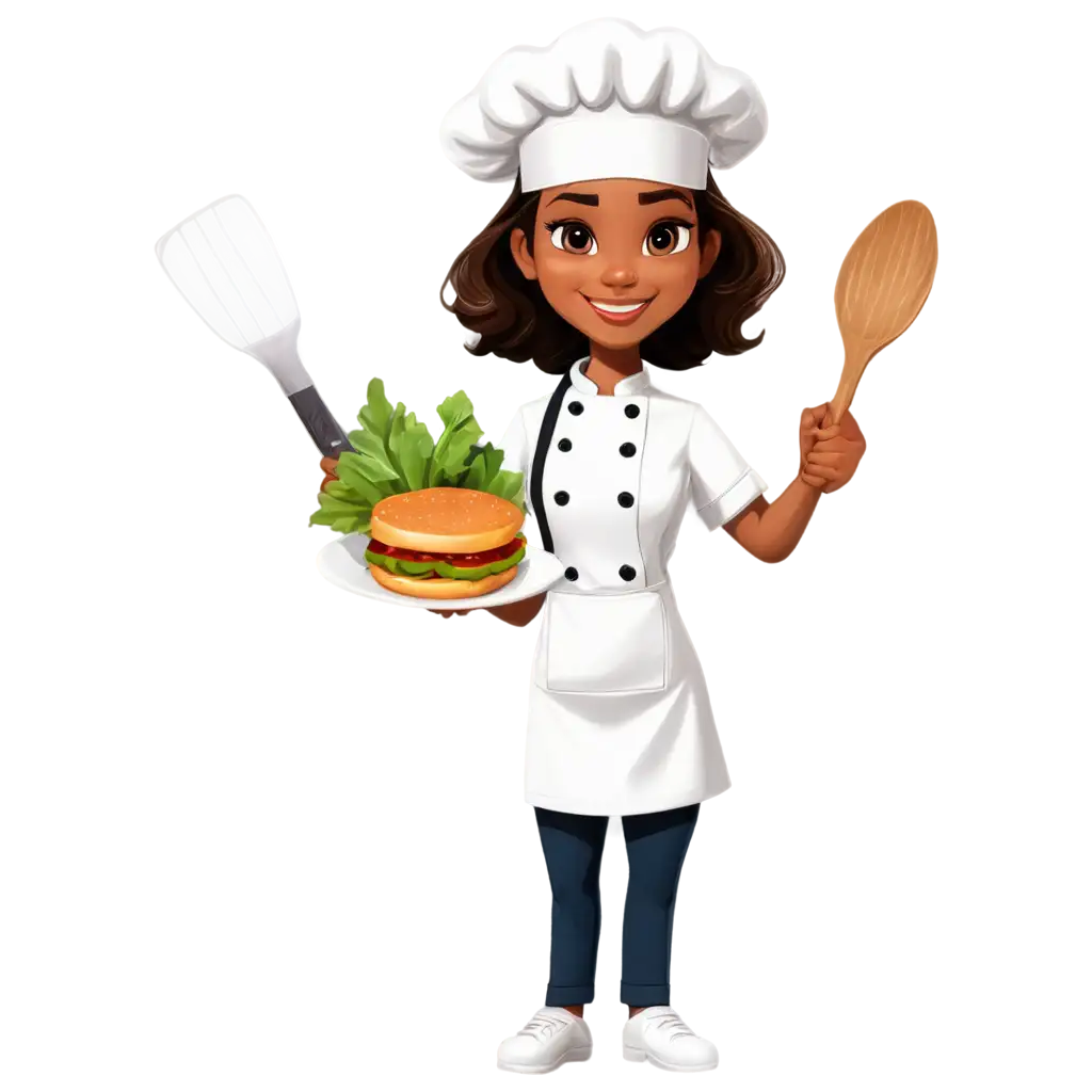 Chef-Girl-Holding-Turner-Food-Restaurant-Logo-PNG-Cartoon-Art-Illustration