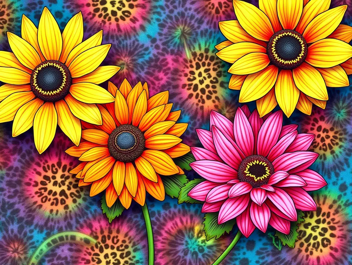 Create a vibrant and colorful composition featuring a mix of large, detailed sunflowers and other flowers with petals in shades of yellow, orange, pink, and blue. The background should incorporate a tie-dye pattern with swirls of rainbow colors and leopard print patches interspersed throughout. Ensure the flowers have intricate details, showcasing visible textures on the petals and leaves. The overall image should convey a lively and dynamic feel. BLACK AND NEON