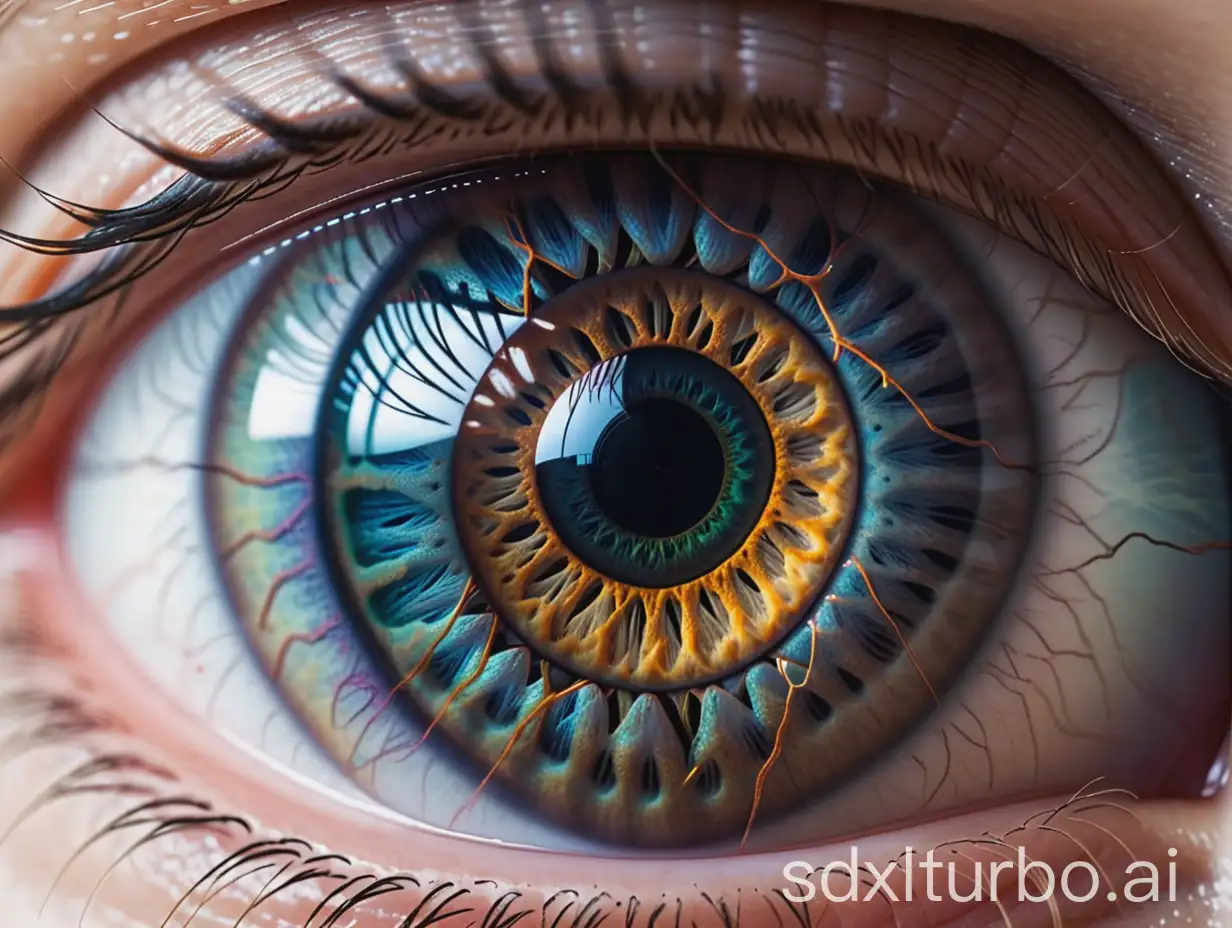 Close-up shot of an eye, iris expanding to reveal a vast network of neural connections, symbolizing the interconnectedness of the human brain and AI's ability to tap into it.