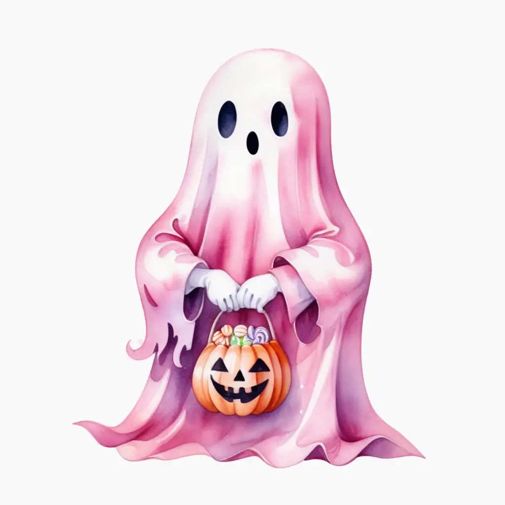 Cute Halloween Pink Ghost Holding Candy Bag Watercolor Art