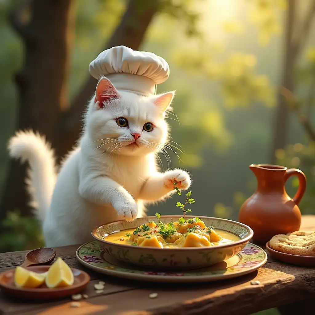 The fluffy white cat, wearing its slightly tilted chef’s hat, carefully plates the white chicken curry in a large decorative ceramic bowl. Using its oversized paws, it sprinkles freshly chopped coriander and slivered almonds over the dish for a final touch. The rustic wooden table is beautifully arranged with naan bread, a small dish of lemon wedges, and a clay jug of water. The cat steps back, admiring its work with pride and joy, its fluffy tail swaying slightly. The soft golden sunlight filtering through the trees enhances the warmth and vibrancy of the setting.