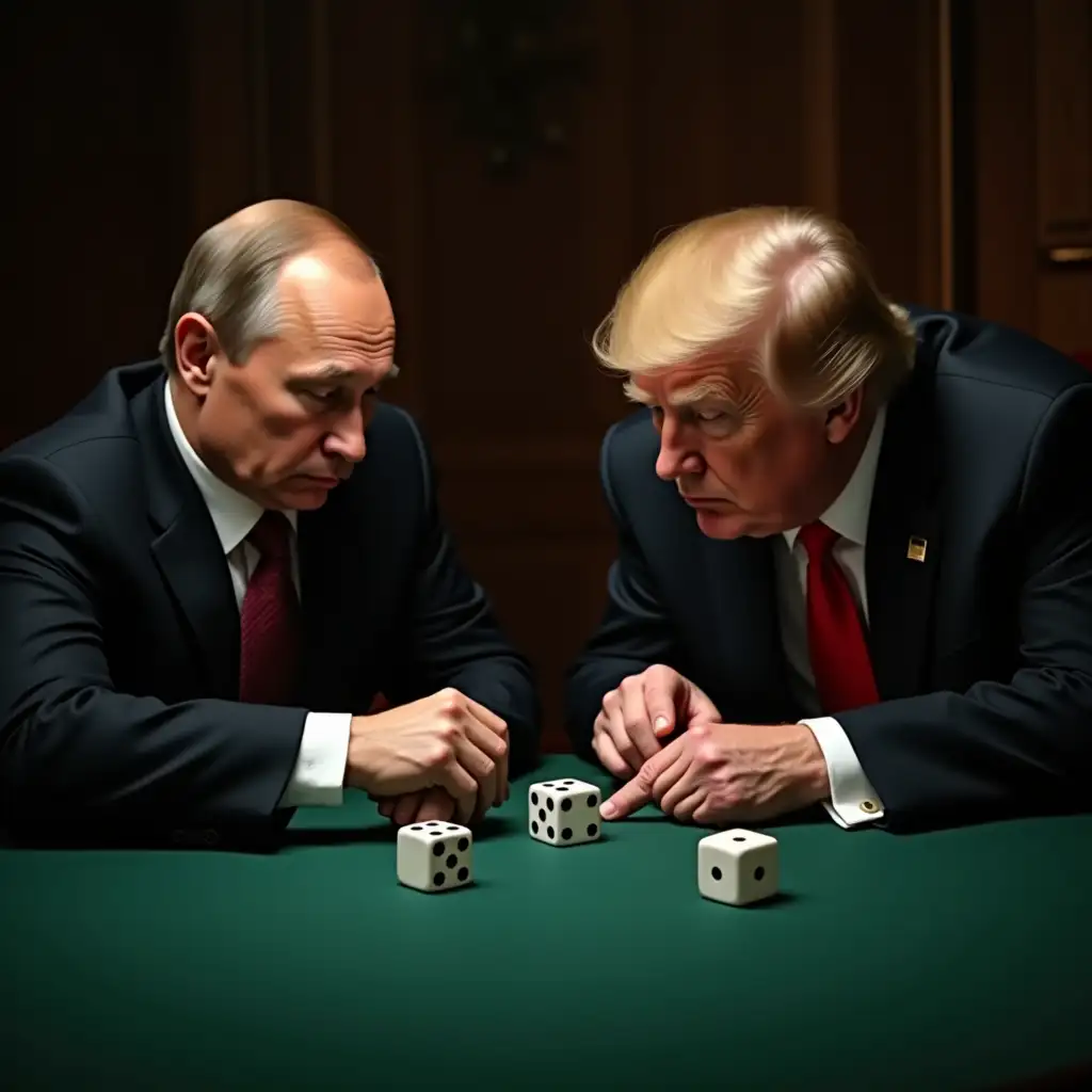 create image vladimir putin and donald trump playing dice on a table covered with a dark green fabric, zelinsky watches