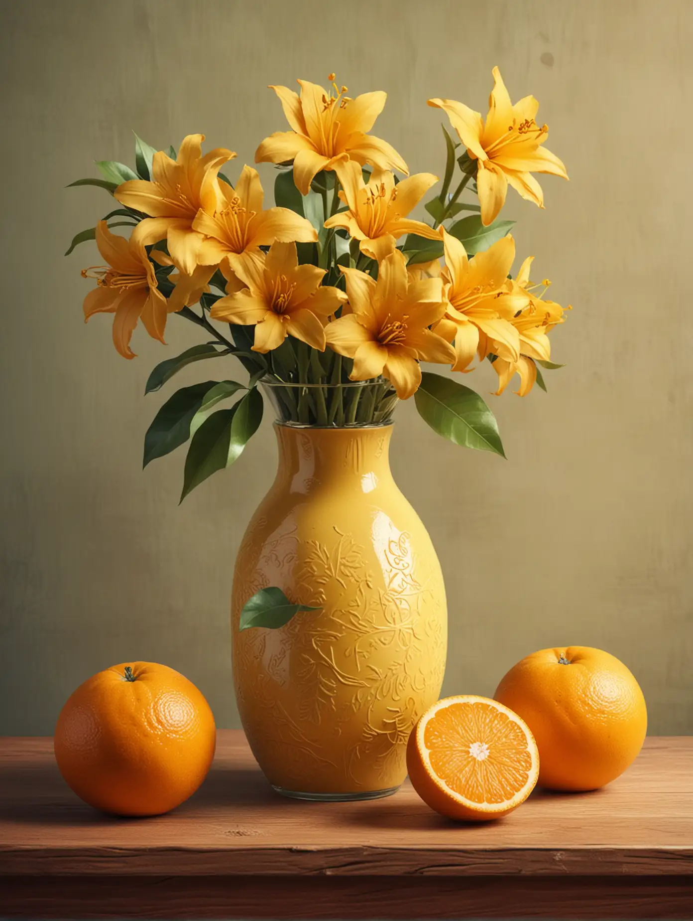 user_prompt: A vase with yellow colors is next to 3 oranges on the table. Picture in Cartoon style