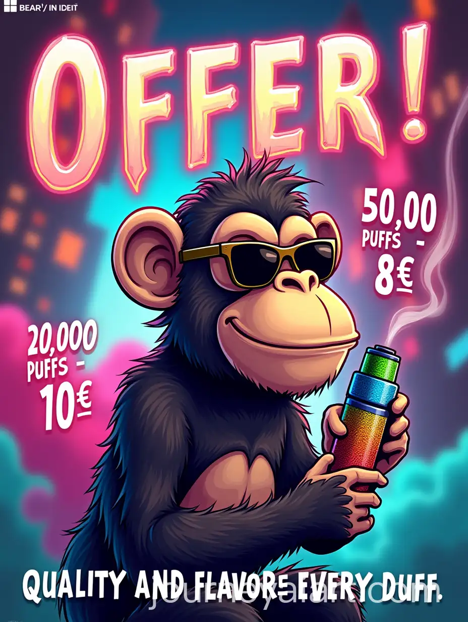 Caricature-Monkey-with-Sunglasses-and-Vape-in-Vibrant-Neon-Setting