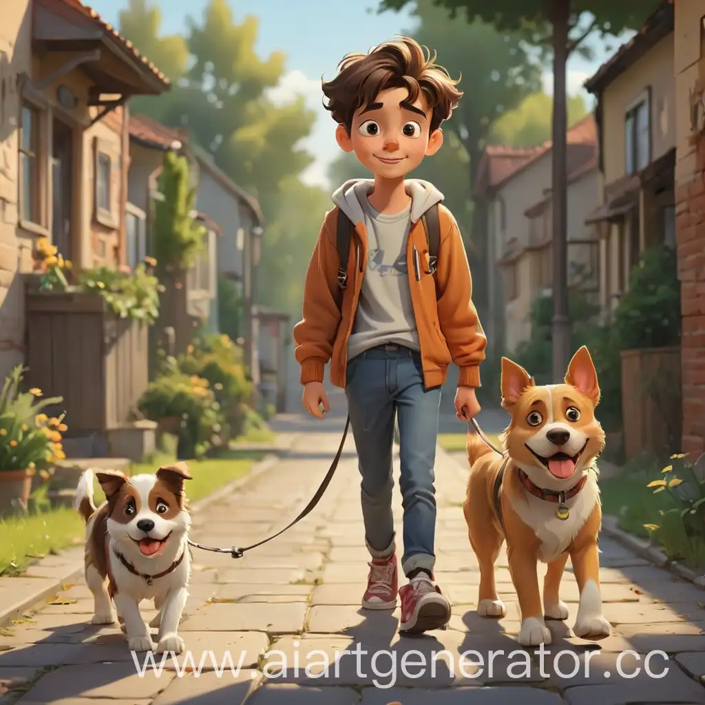 A good teenager, walking with a dog, in a cartoon style