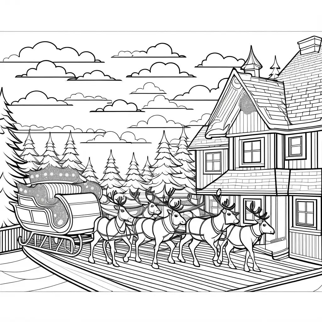 Santa-Claus-on-Rooftop-with-Sleigh-and-Reindeers-Coloring-Page