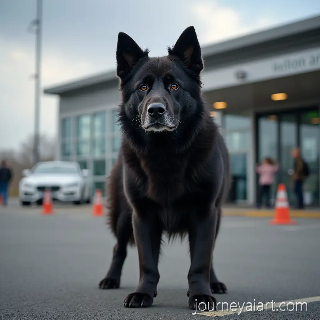 Black-Polish-Dog-Standing-Near-Airport-Entrance-for-Childrens-Story