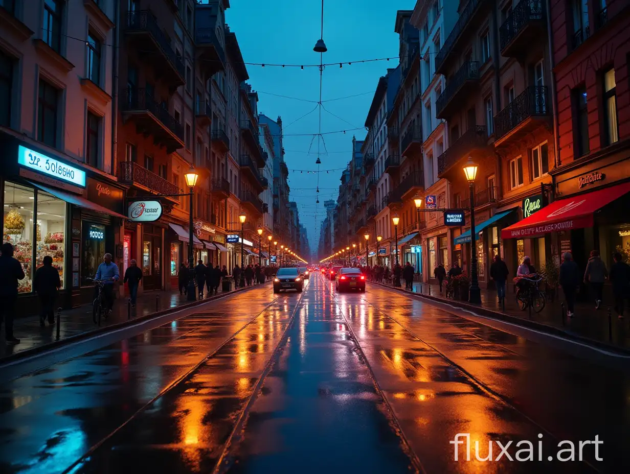 A bustling city street at dusk with detailed reflections on wet pavement and vibrant street lights