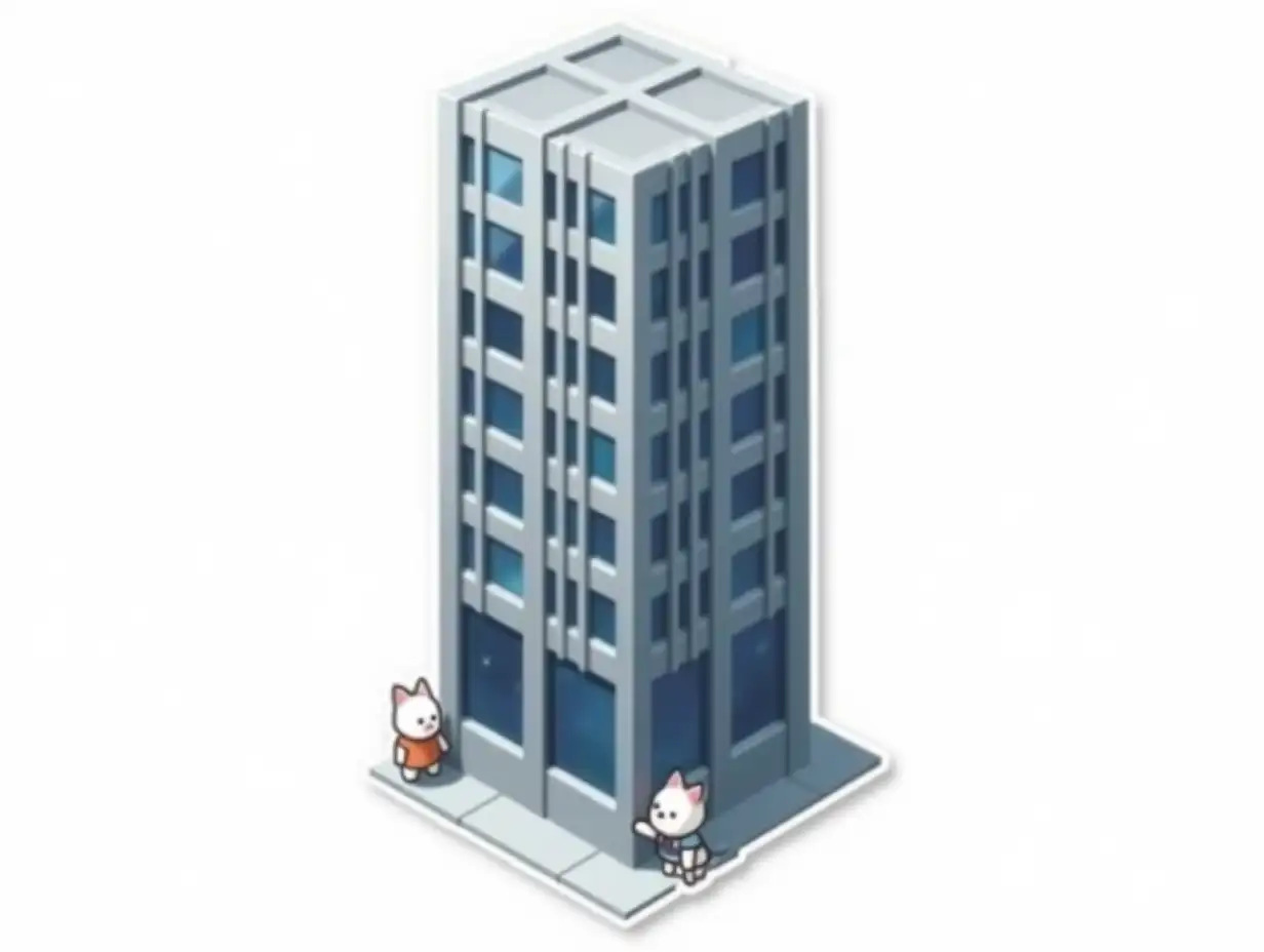 vinyl exit sticker depicting a isometric silver-colored skyscraper with mirrored dark  blue windows arranged in solid vertical lines for the entire height of the building. The facade of the building has the texture of silver metal square panels, solid vertical silver stripes from bottom to top. Below, there is  two small white cats in office clothes. cut sticker design, high resolution, white background, paint in anime style