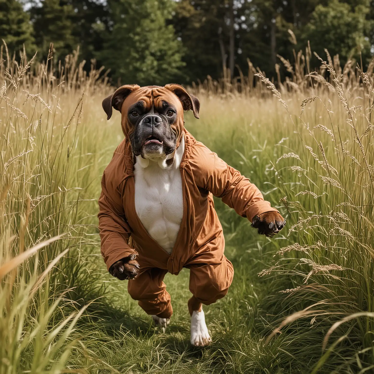 Boxer-Dog-in-Bear-Costume-Running-Through-Tall-Grass