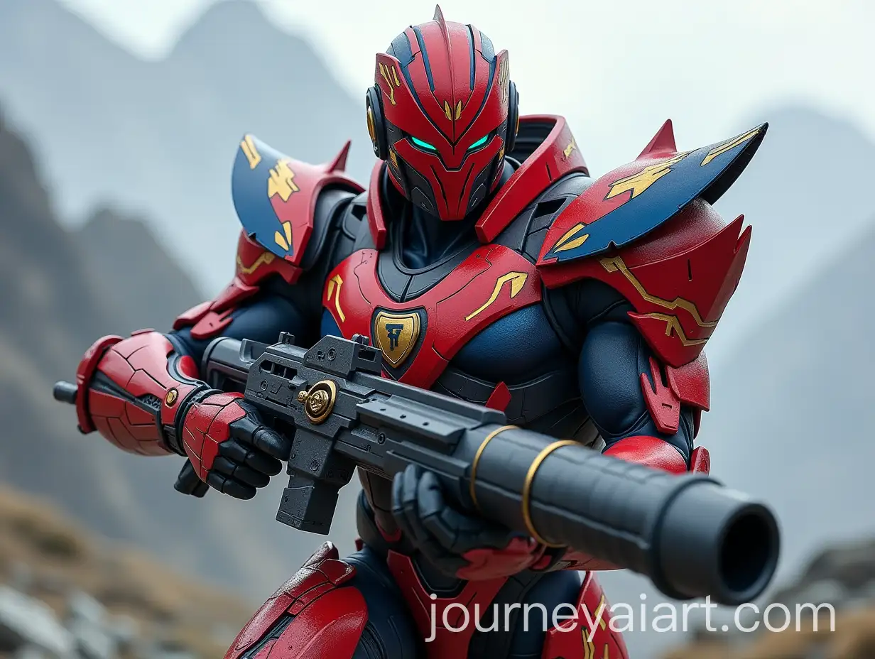 Futuristic-Arsenal-Football-Club-Warrior-with-Rocket-Launcher-in-Mountain-Setting
