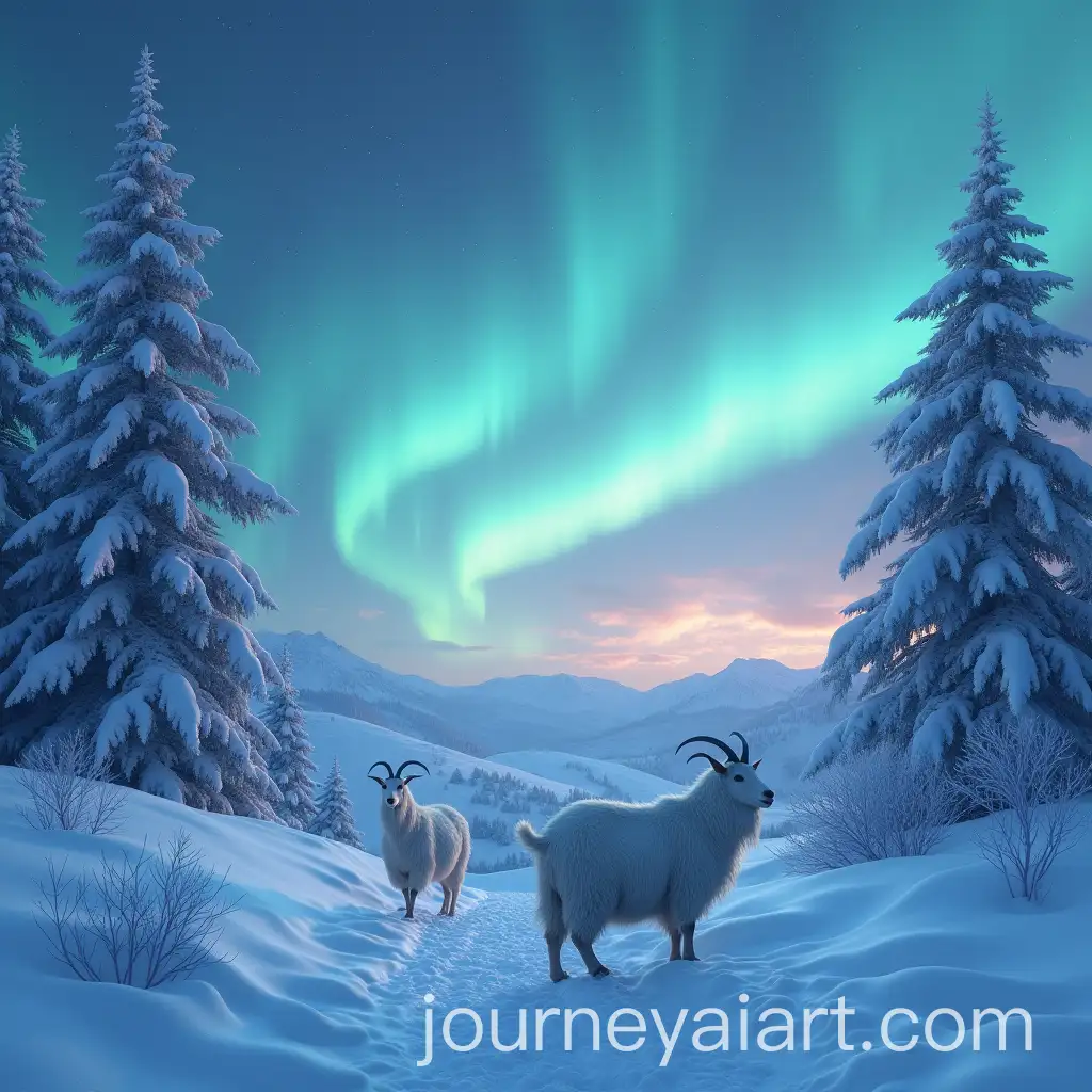 Snowy-Landscape-with-Aurora-and-Moving-Humanoid-Goats