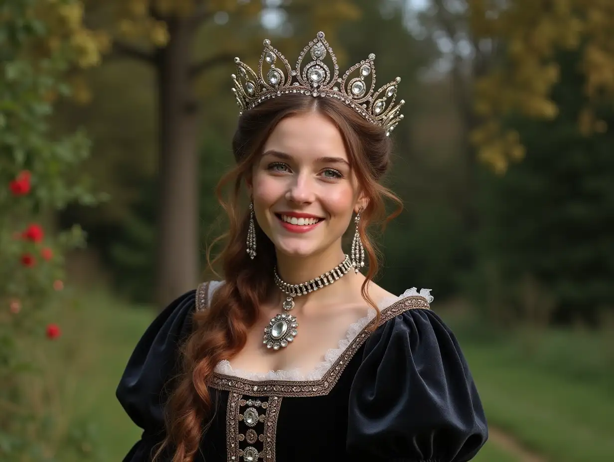 Englisch Prinzessin 16 Jahrhundert mit einem Lächeln hübsches schwarzes buntes Kleid- Edelstein Krone,lackieren Fingernägel,rote Schuhe im Garten auf einem Felsen 8K-Auflösung Farbenfroh