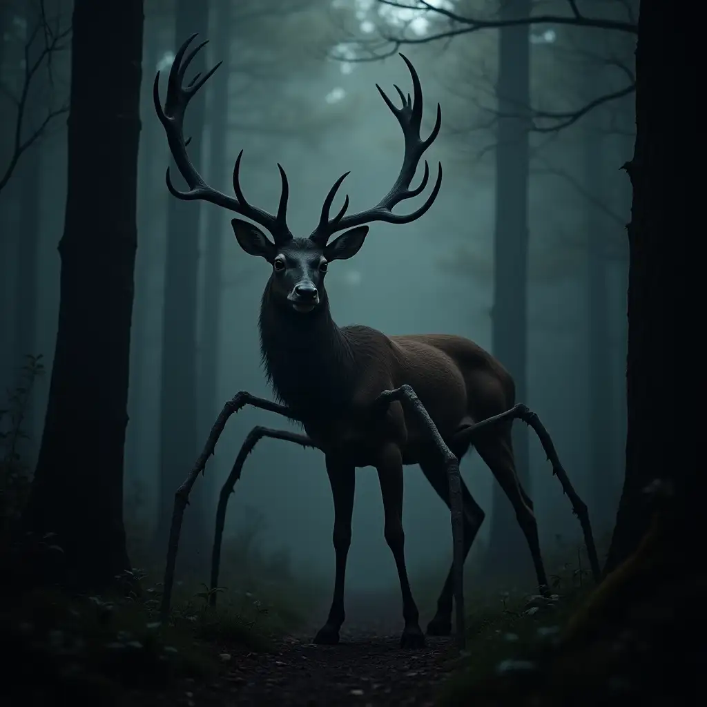 scary deer on spider legs in a dark forest