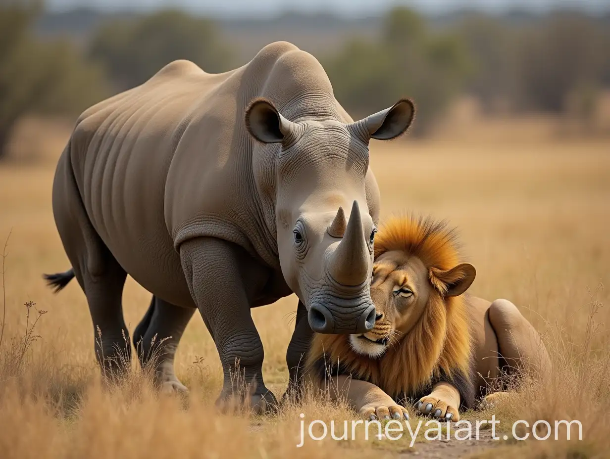 Rhinoceros-Eating-a-Sleeping-Lion-in-a-Realistic-Savanna-Setting