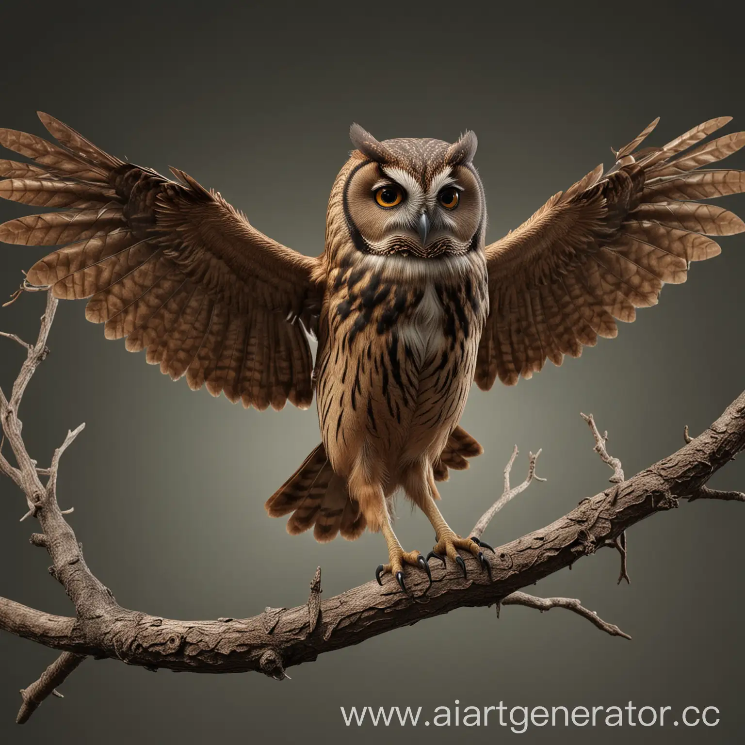 Elegant-Brown-Owl-Perched-on-Leafless-Branch-in-Dim-Light