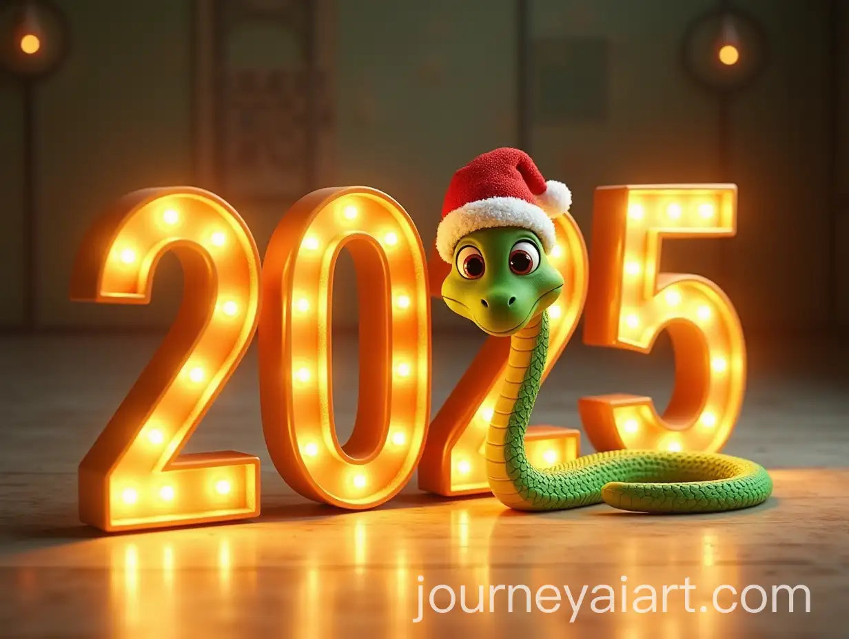Cute-Cartoon-Green-Snake-with-Santa-Hat-and-Glowing-2025-Numbers