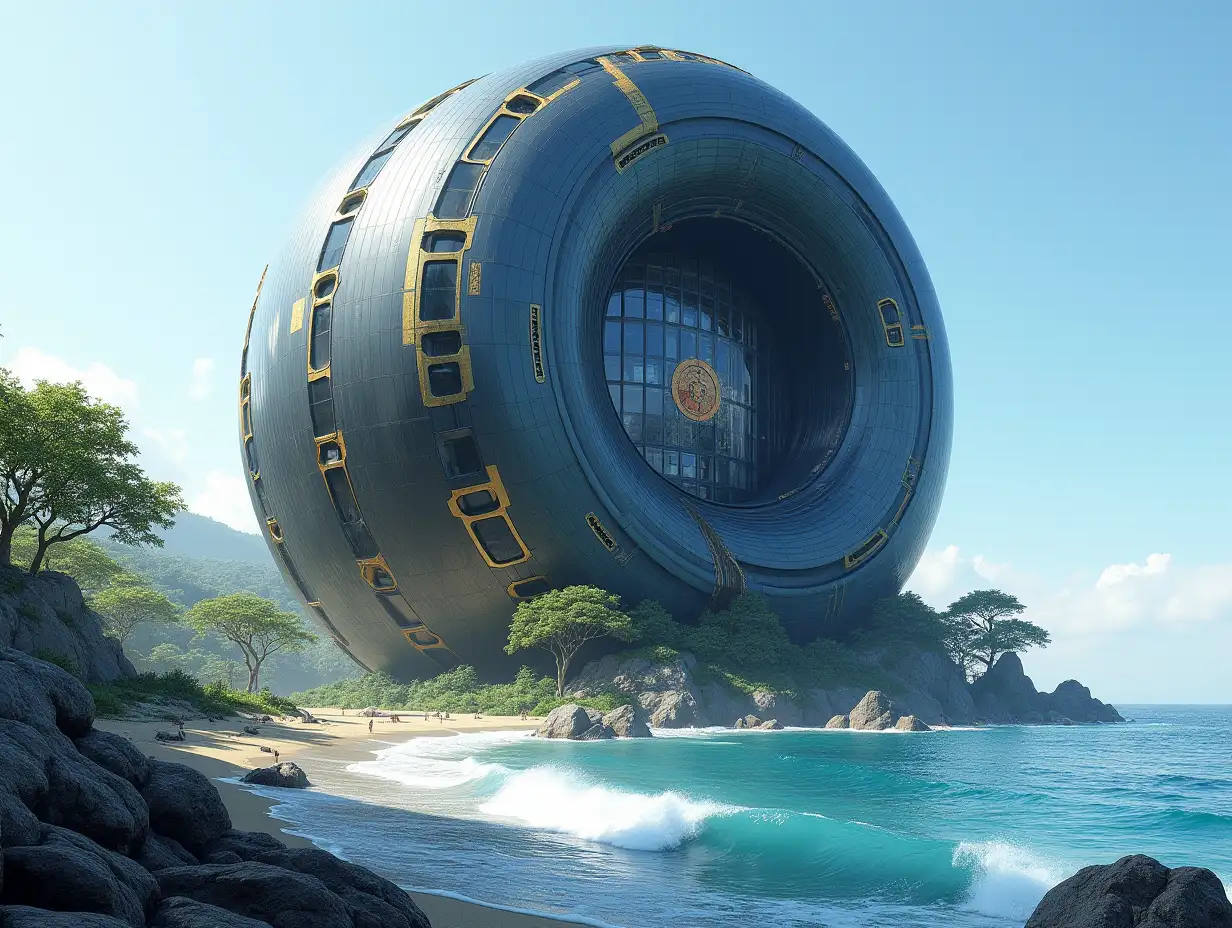 Create a high-resolution, realistic image of a very tall futuristic building with windows twisted like a snail's shell with black and gold facades with sea with very big waves, large trees, rocks blue sky