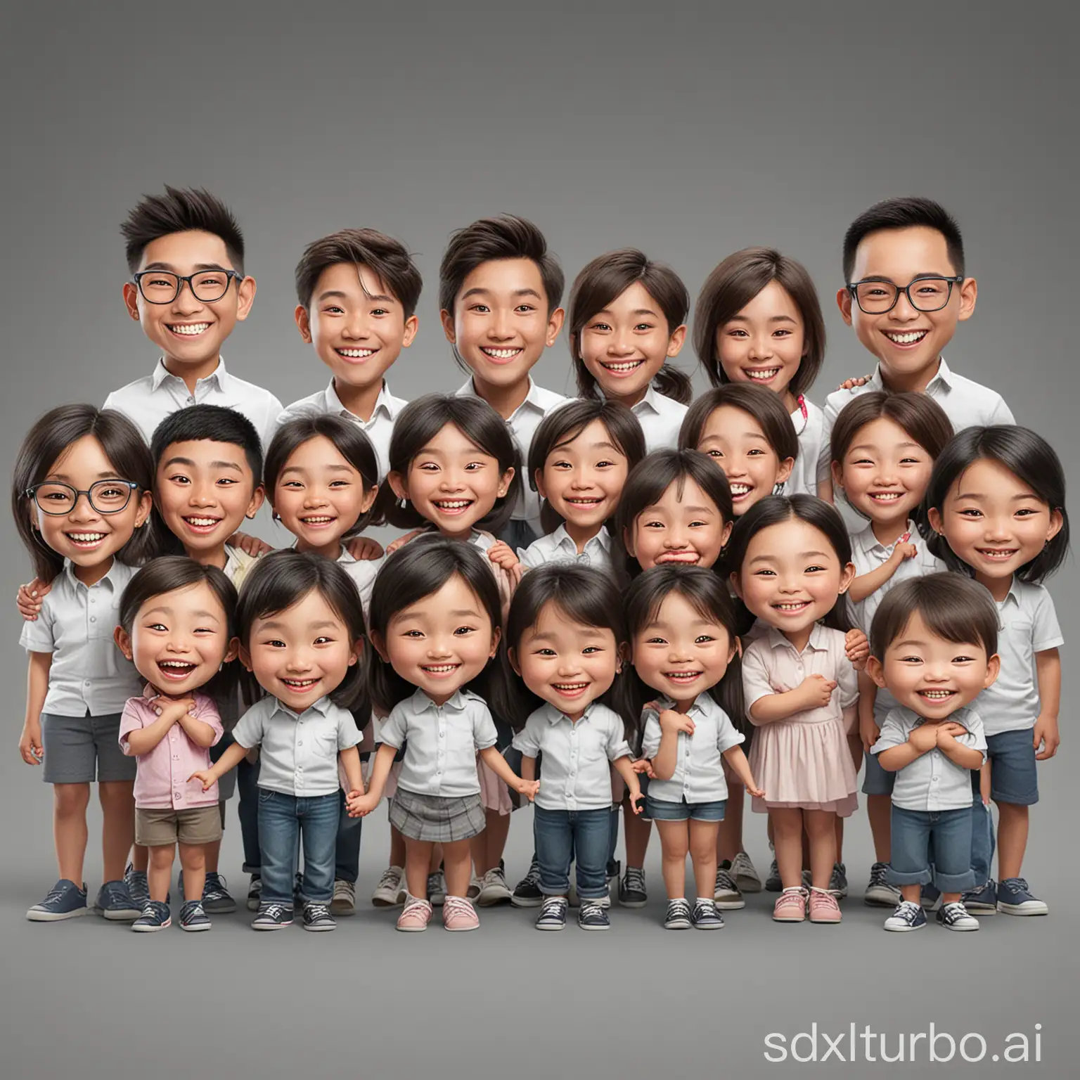 4d photo group of 16 boy and 5 girl asian caricature, smile, photo group, diversity, total 21 person in frame, smile together, fun theme, grey background, realistic