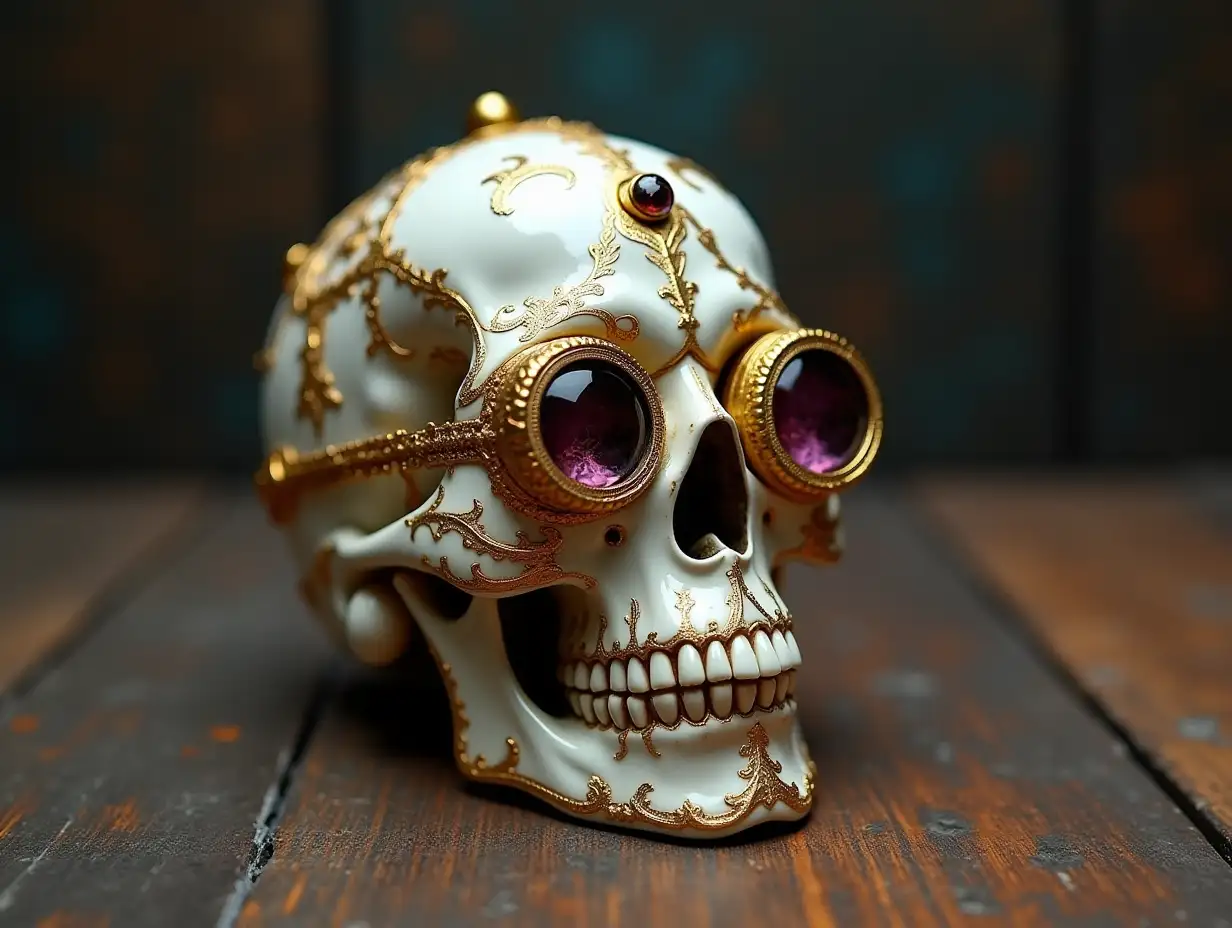 Cyber Totenkopf mit Glasaugen, Porcelain with golden ornaments Steampunk 100 mm capture