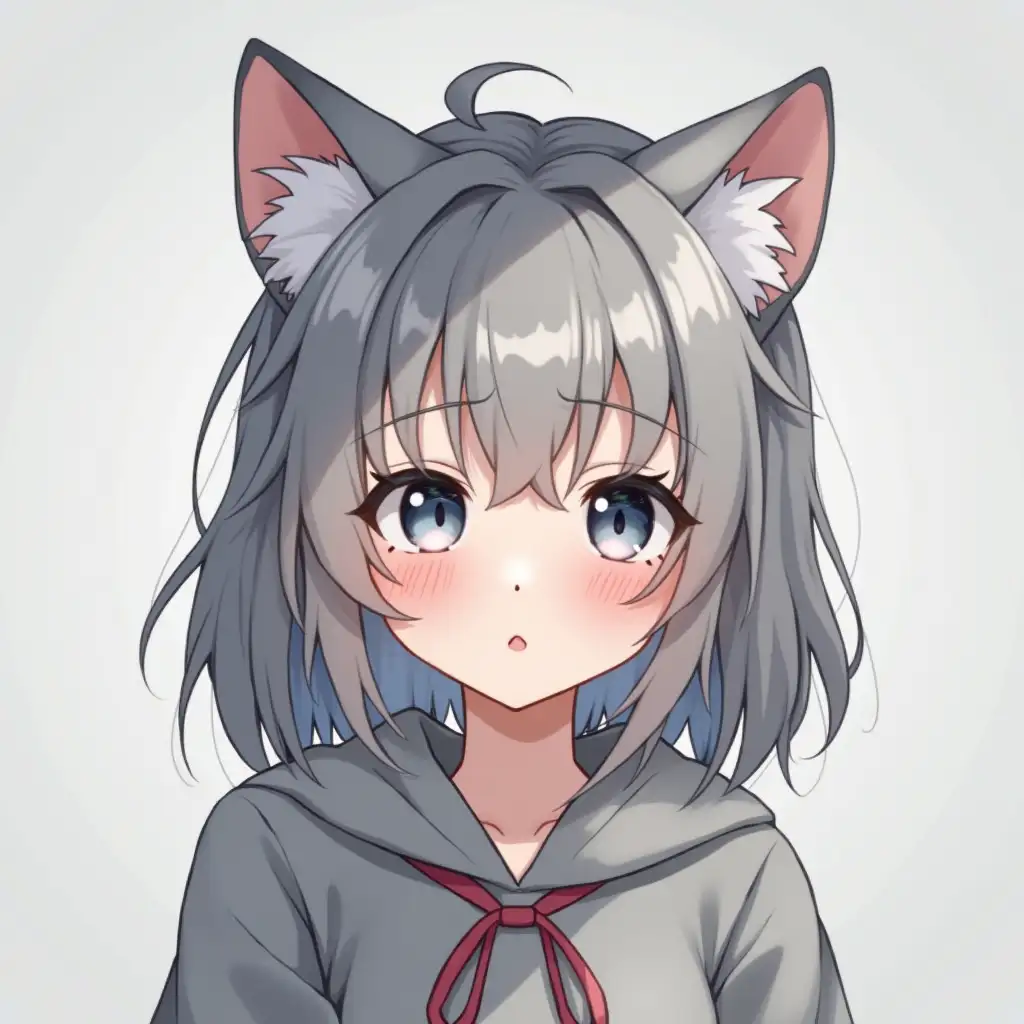 A girl with ears like a cat, her hair and eyes are gray