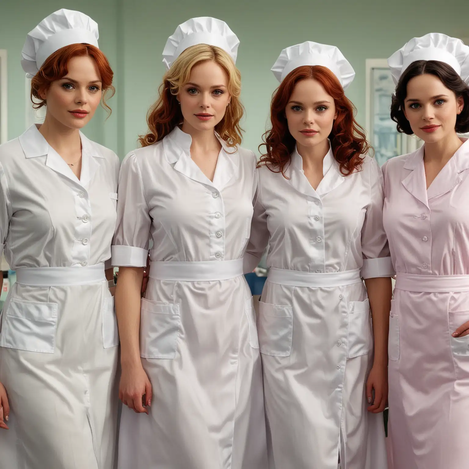 Mothers and Daughters in Modern Nurse Uniforms with Aprons and Caps