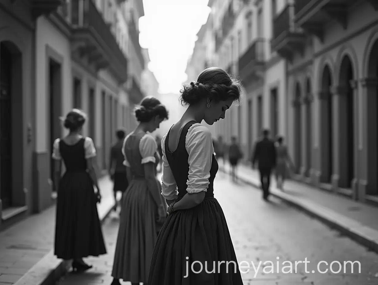 Black-and-White-Image-of-Spanish-Women-in-Traditional-Costumes-on-a-Street