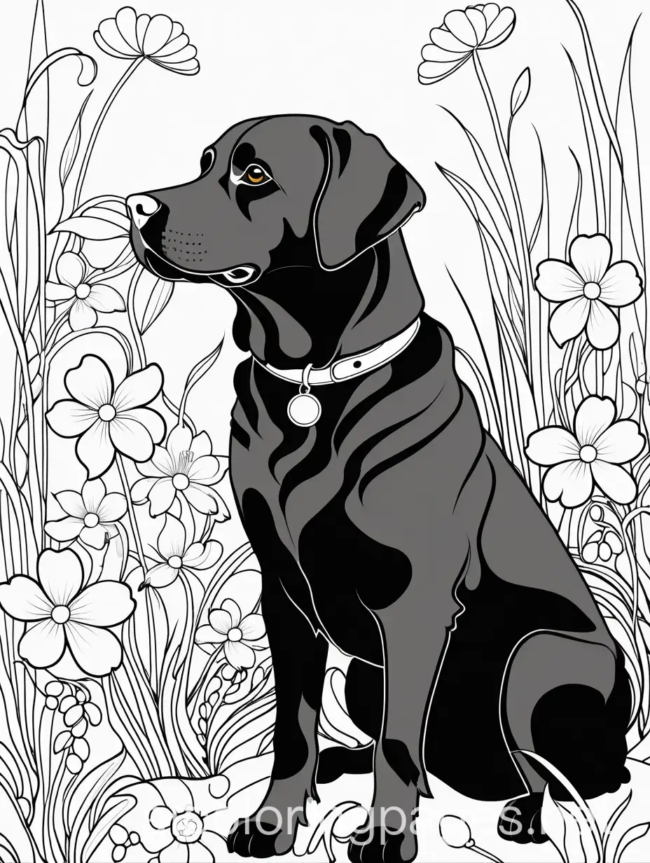 Cartoon-Black-Lab-Playing-in-a-Vibrant-Flower-Garden