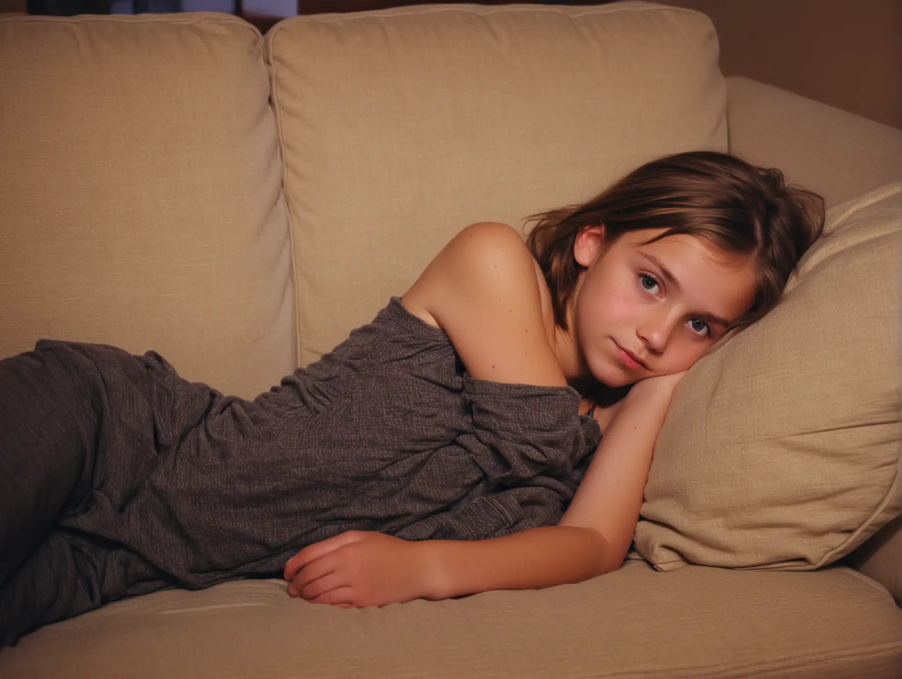 (5th grade girl lounging on couch:1.25), (young reese elizabeth:1.2), (facing camera, beautiful profile:1.15), (stomach slightly visible: 1.09), (taken with a Blackberry Pearl:1.05), (grainy image:1.08), (bright flash:1.15), solo, JPEG, quality: 65, subsampling ON (2x2), 2.67 MPixels, (over the shoulder angle:1.23), (skin texture:1.23), cheap lighting from single point flash, low res, bad shadow, low resolution, (13 year old girl:1.1),