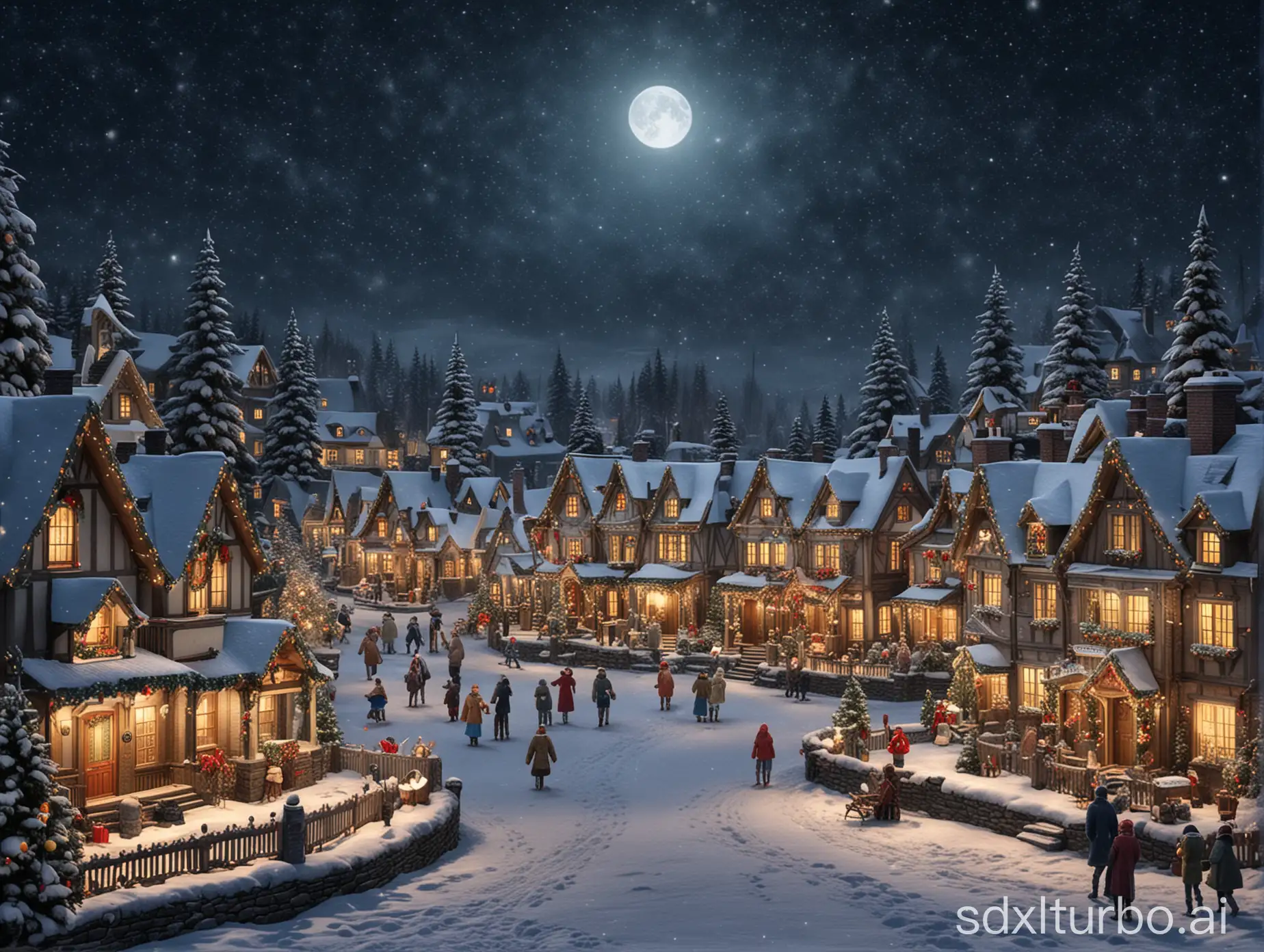 Snowy-Christmas-Village-Night-Scene-with-Lights-and-Gifts