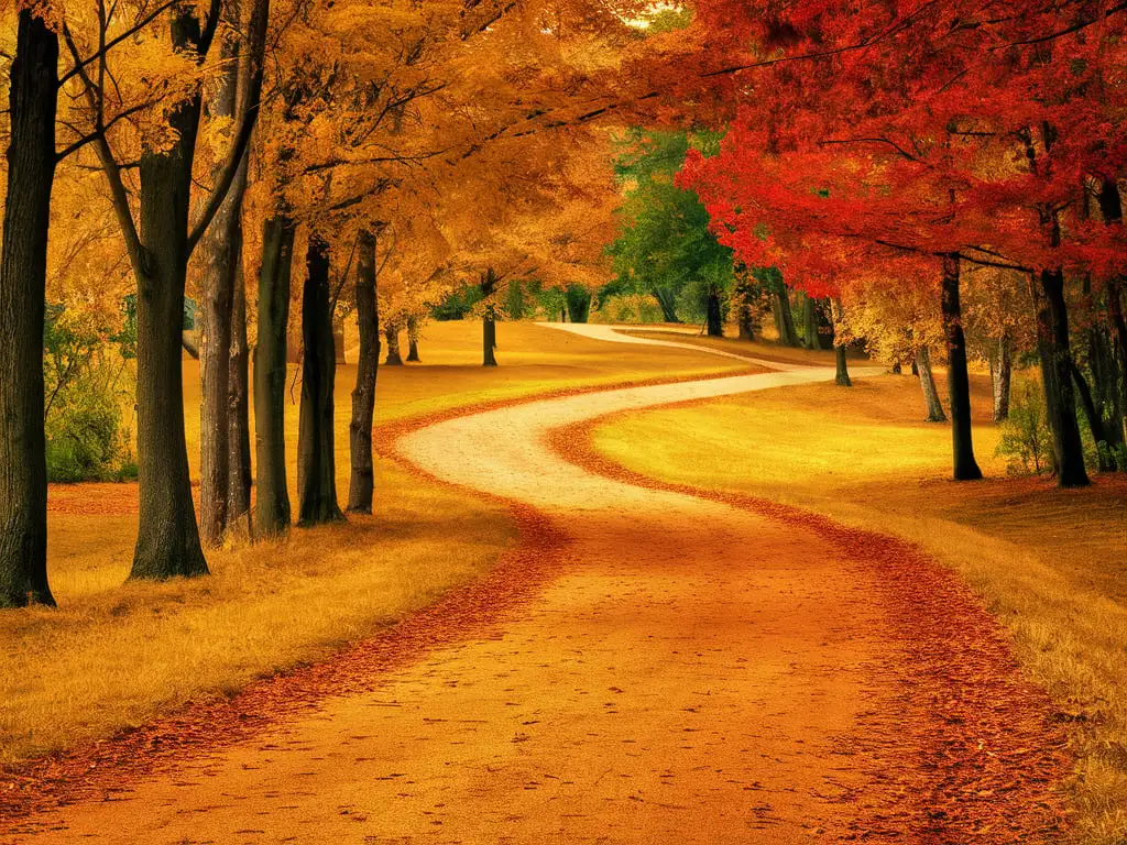 Enchanting-Autumn-Pathway-with-Vibrant-Golden-Orange-and-Red-Leaves