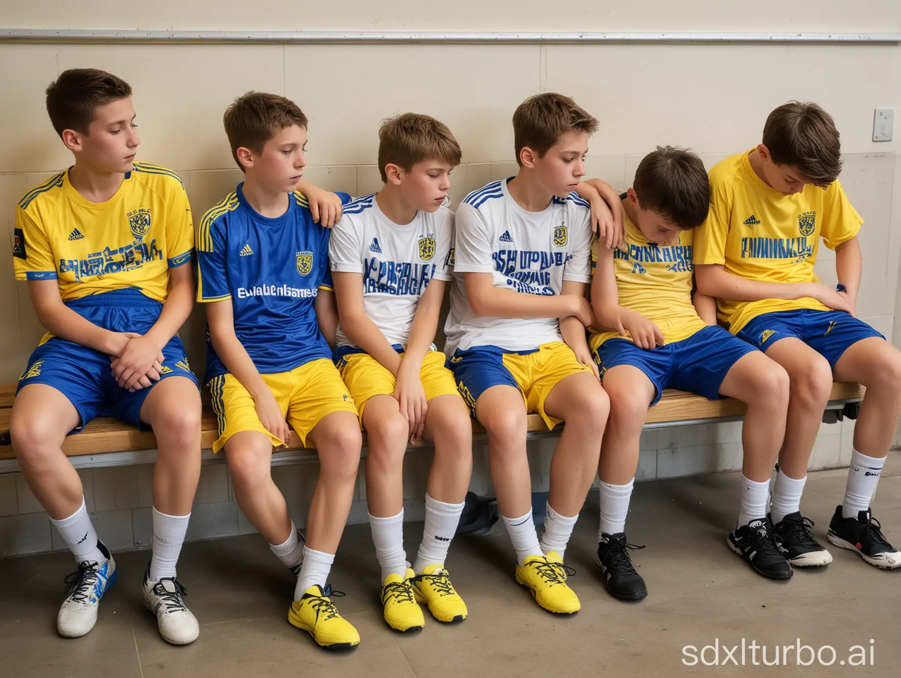 Four 13 year old boys dressed in yellow and blue shorts and tshirts slumped slouched asleep on the bench in a soccer changing room