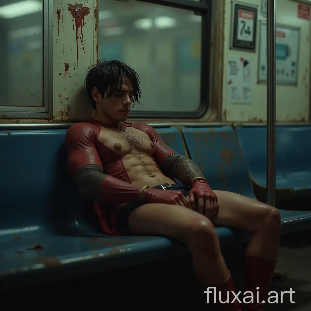 A superhero, very tired, injured, dirty, fresh from a fight, sleeping in the subway