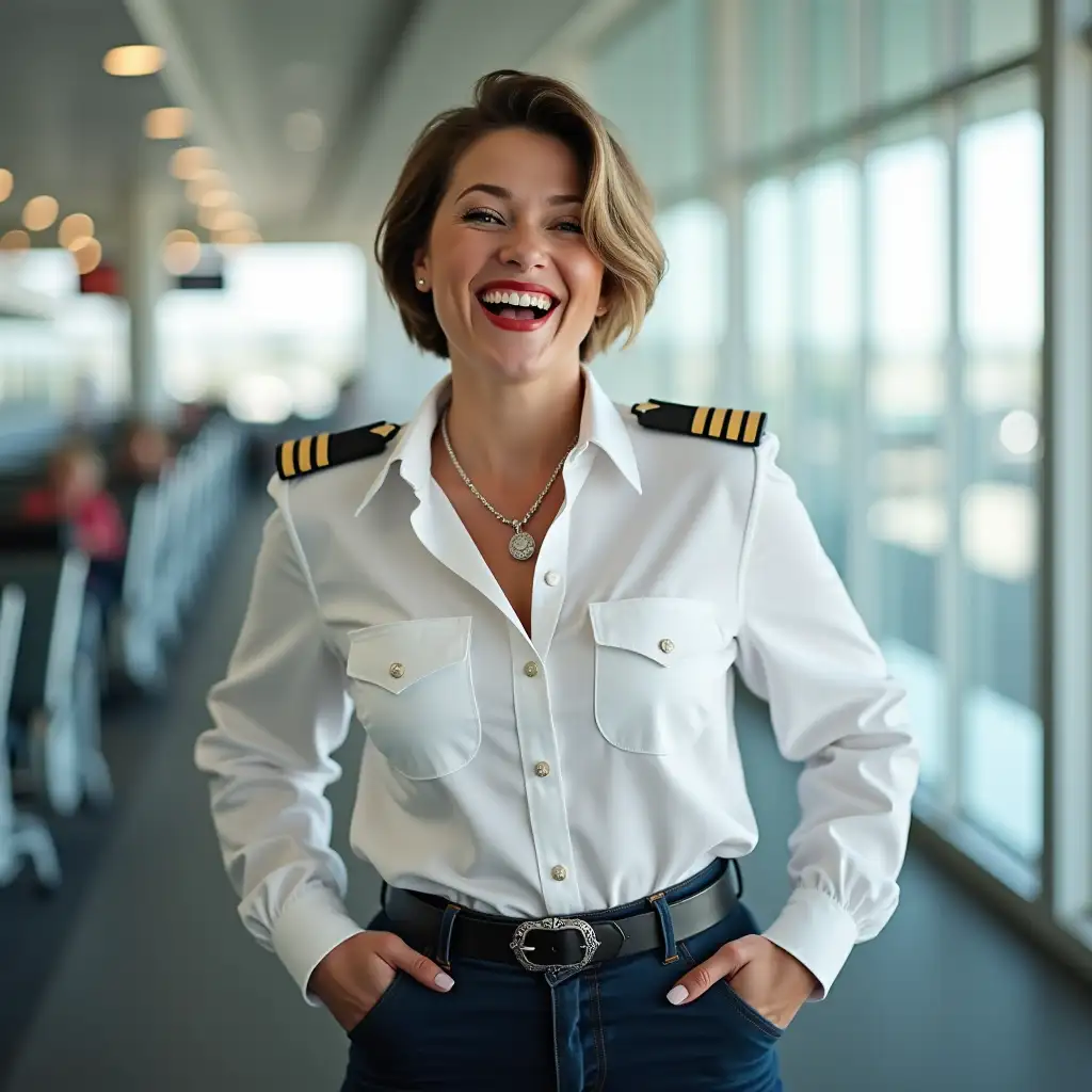 white norvegian curvy pilot lady, in white unbuttoned pilot shirt, laughing with her mouth open, red lipstick accentuating her smile,belt on waist, big wide hips, chest are fully grown, jewerly, short hair, HD, enjoing at airport , photo-realism