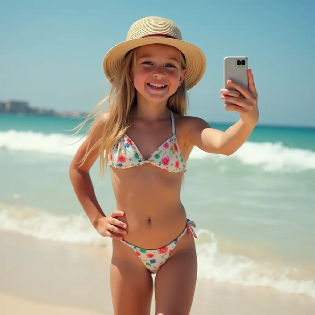 Tween-Girl-Taking-a-Selfie-in-a-Joyful-Expression-with-a-Small-TwoPiece-Swimsuit