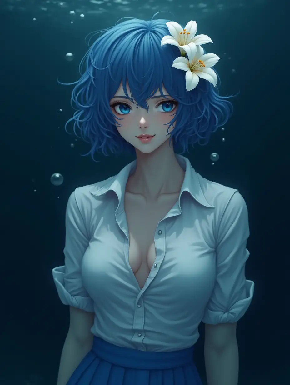 ultradetailed hyperrealistic portrait of woman with blue short slightly curly hair, one eye is blue, the other is blue. She is dressed in a white shirt and a blue skirt, has a precious white lily in her hair, delicate facial features and an attractive physique. It is under water in total darkness