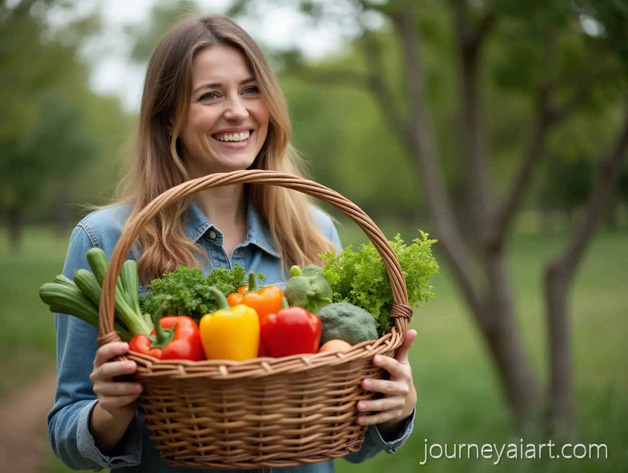 Woman-Holding-aWoman-with-vegetables-Basket-of-Colorful-Fresh-Vegetables-in-a-Natural-Setting
