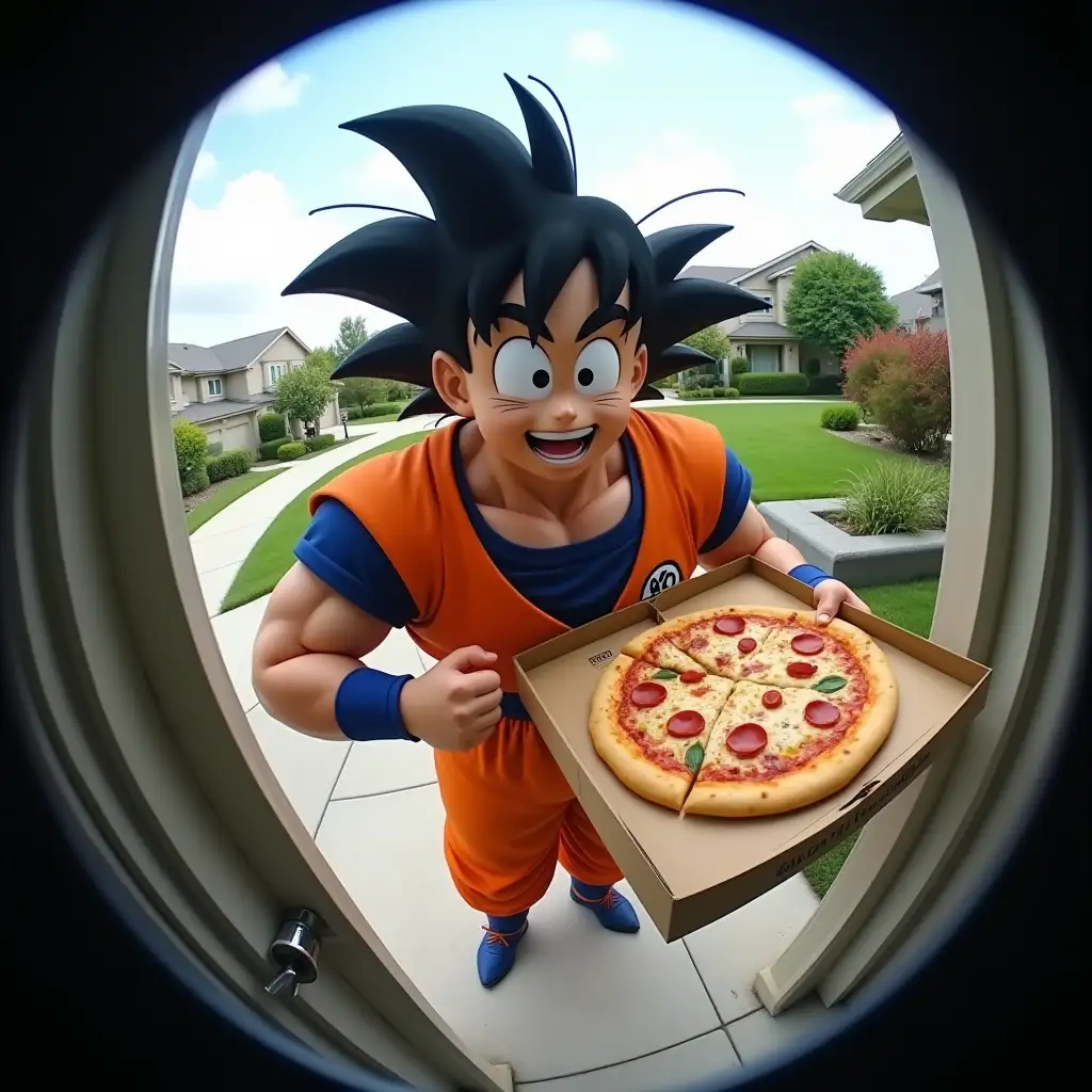 Goku-in-Pizza-Delivery-Uniform-Enjoying-a-Slice-Outside-a-Home