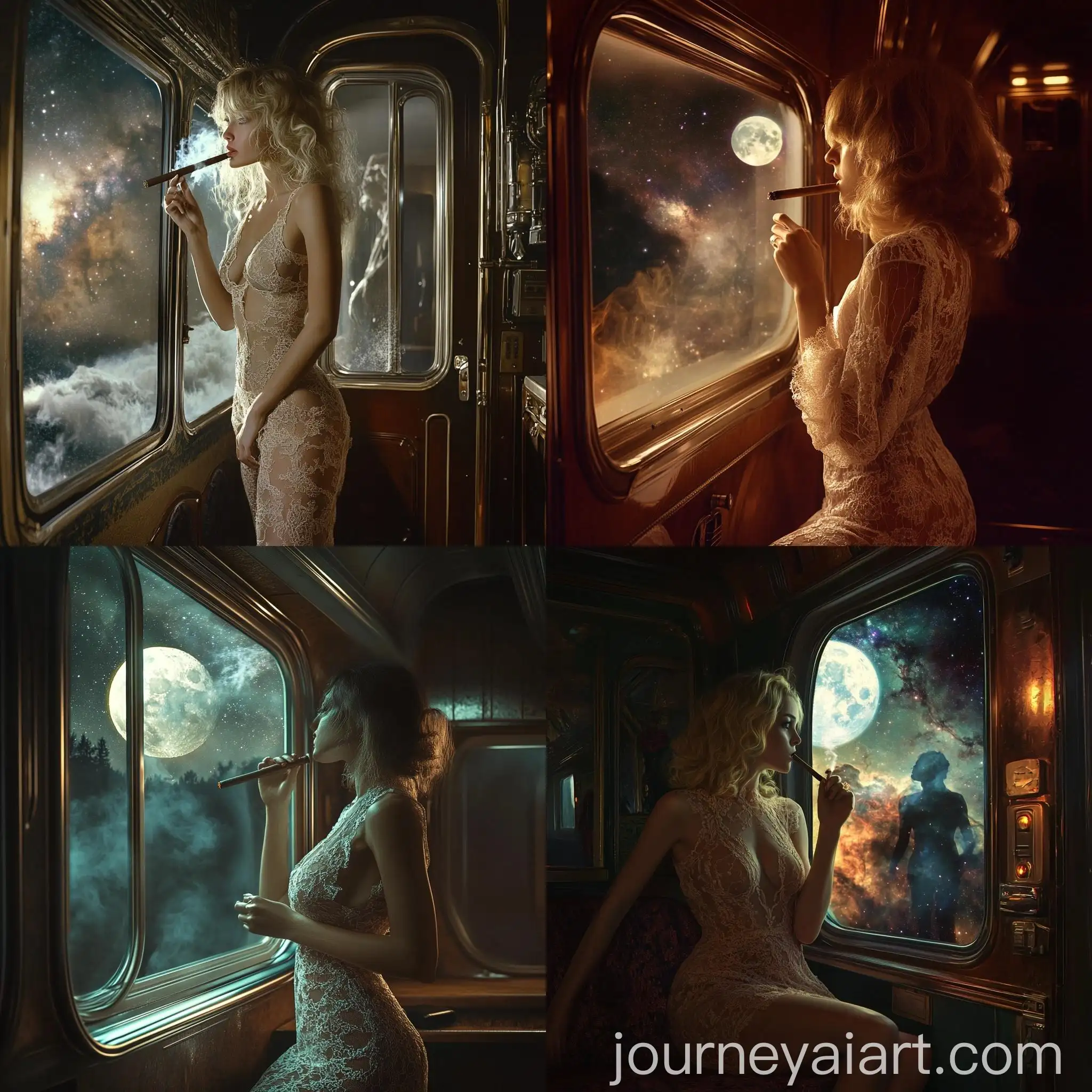 1970s-Vintage-Scene-Woman-in-Lace-Slip-Smoking-Cigar-on-Night-Train