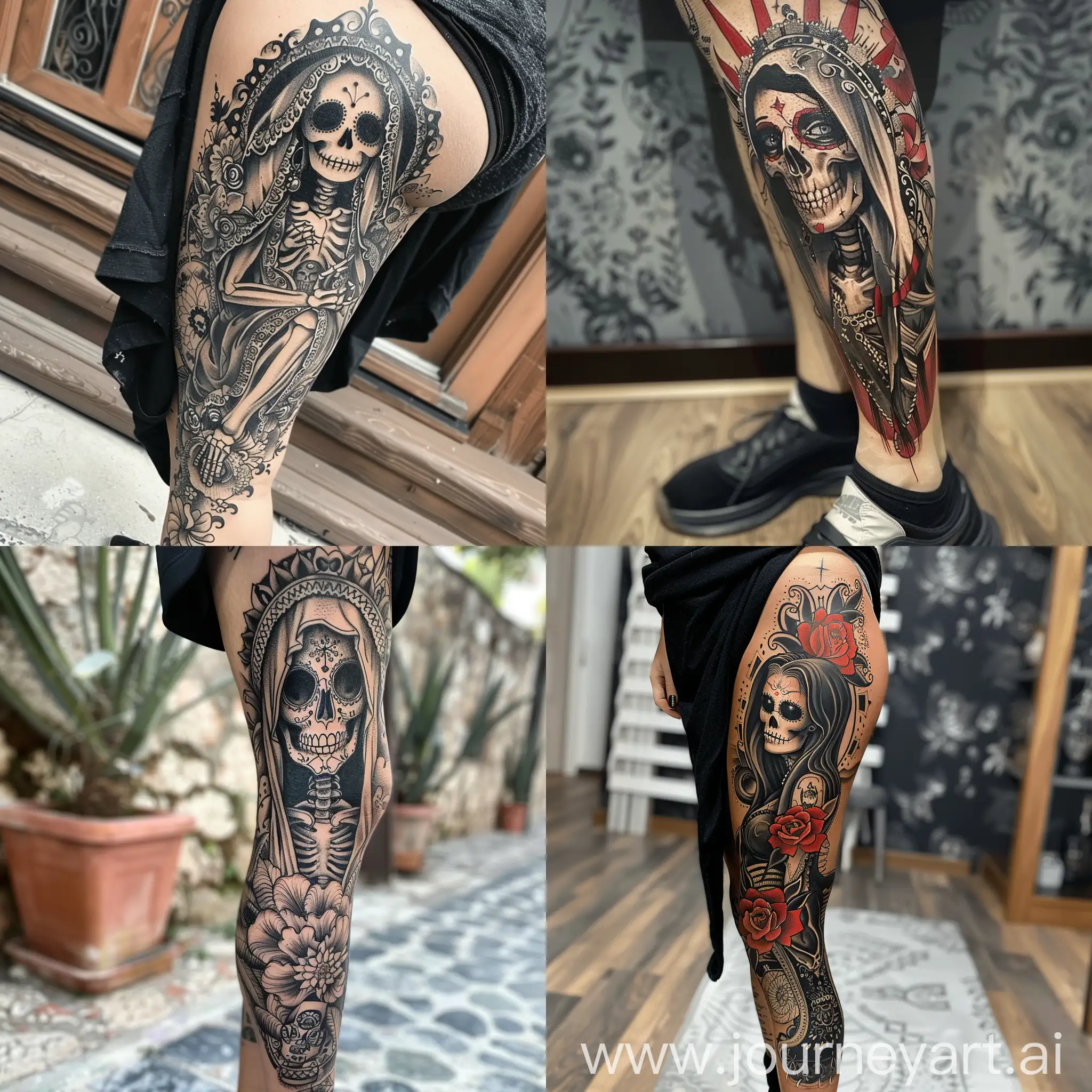 Santa-Muerte-Style-Leg-Tattoo-from-Heel-to-Buttocks