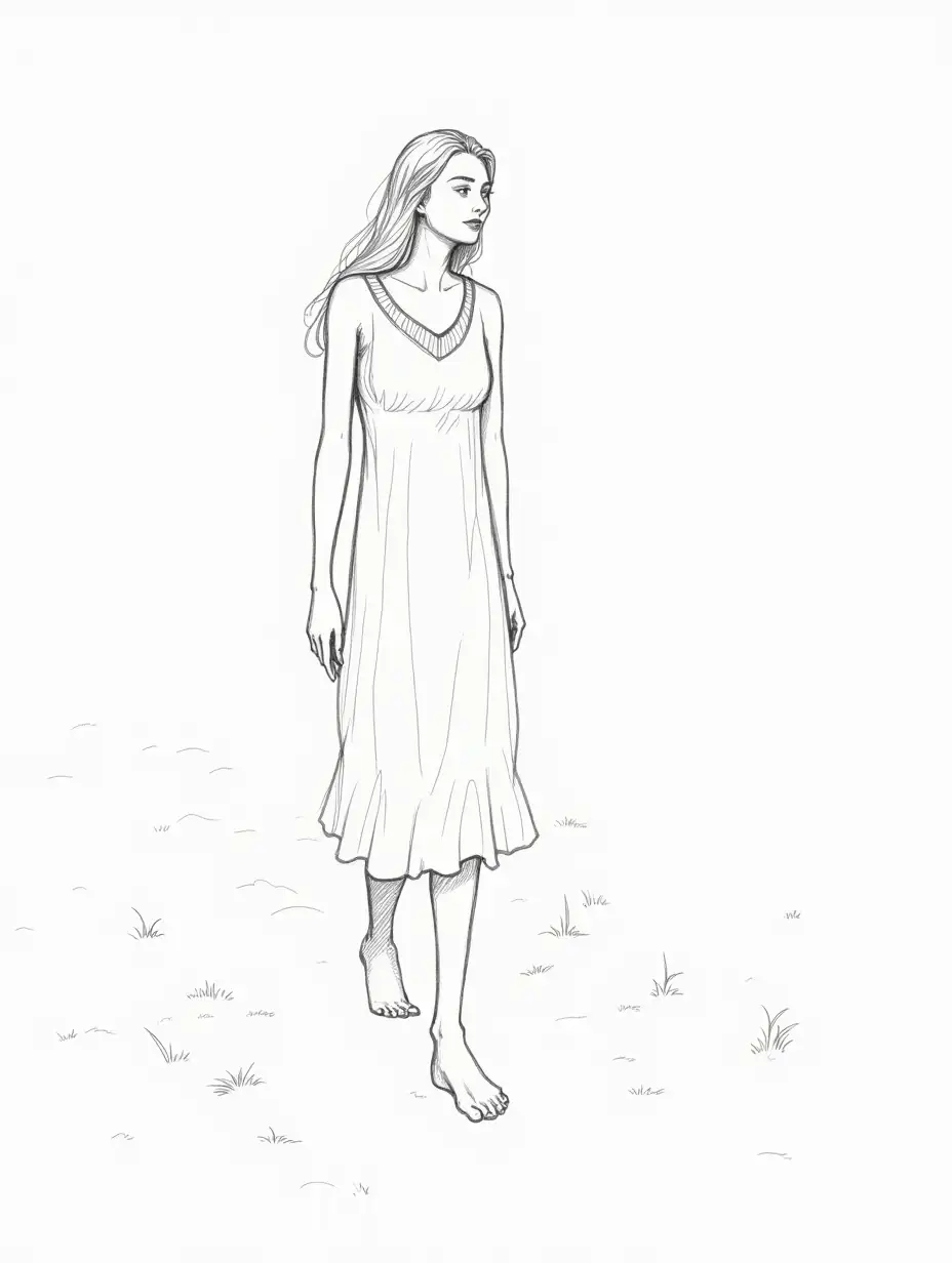 Woman-in-Nightgown-Walking-Barefoot-Through-a-Serene-Garden