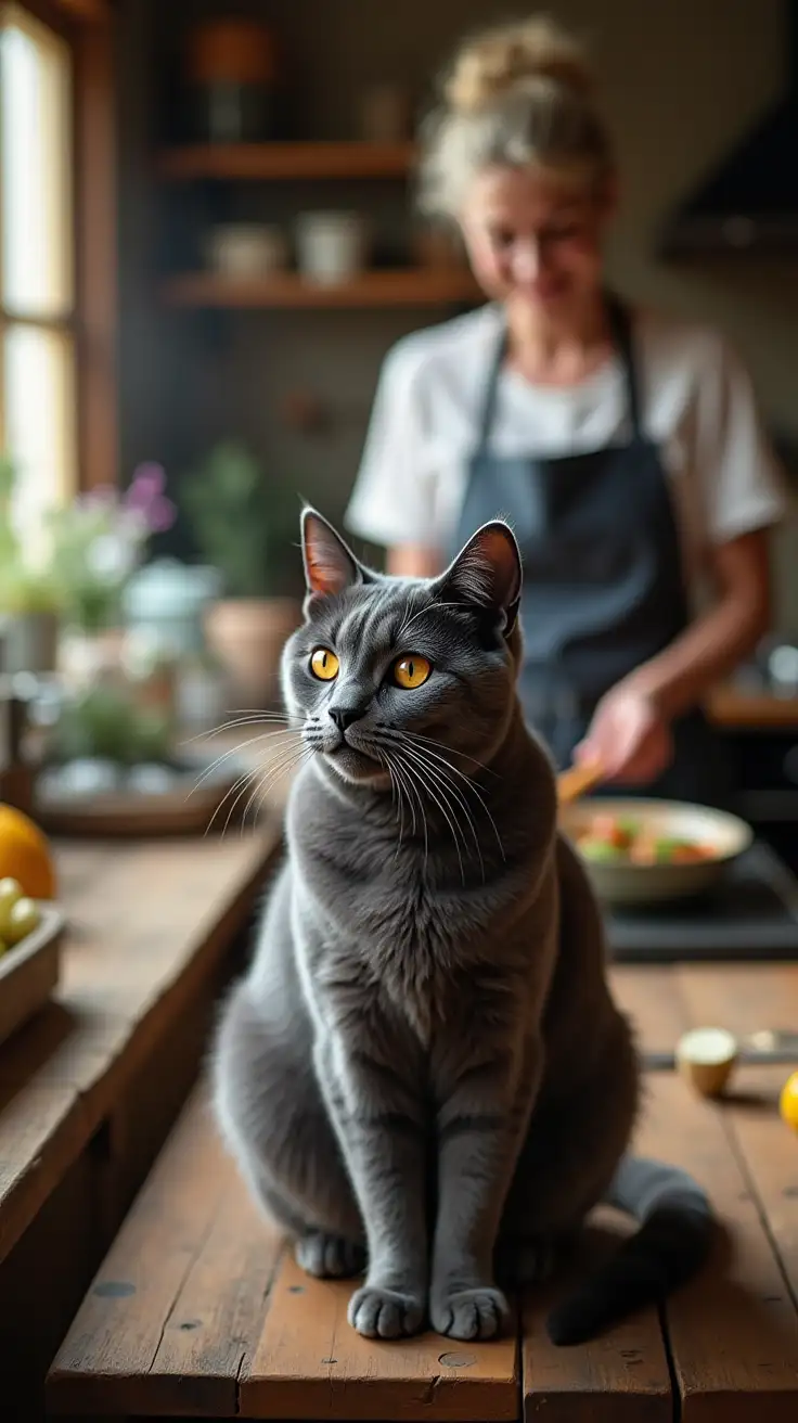 A beautiful Chartreux cat with a dense, blue-gray coat sits on a rustic wooden table in a sunlit kitchen. Its round, orange eyes reflect warmth and curiosity as it watches a chef prepare a meal, adding a charming touch to the homely atmosphere.