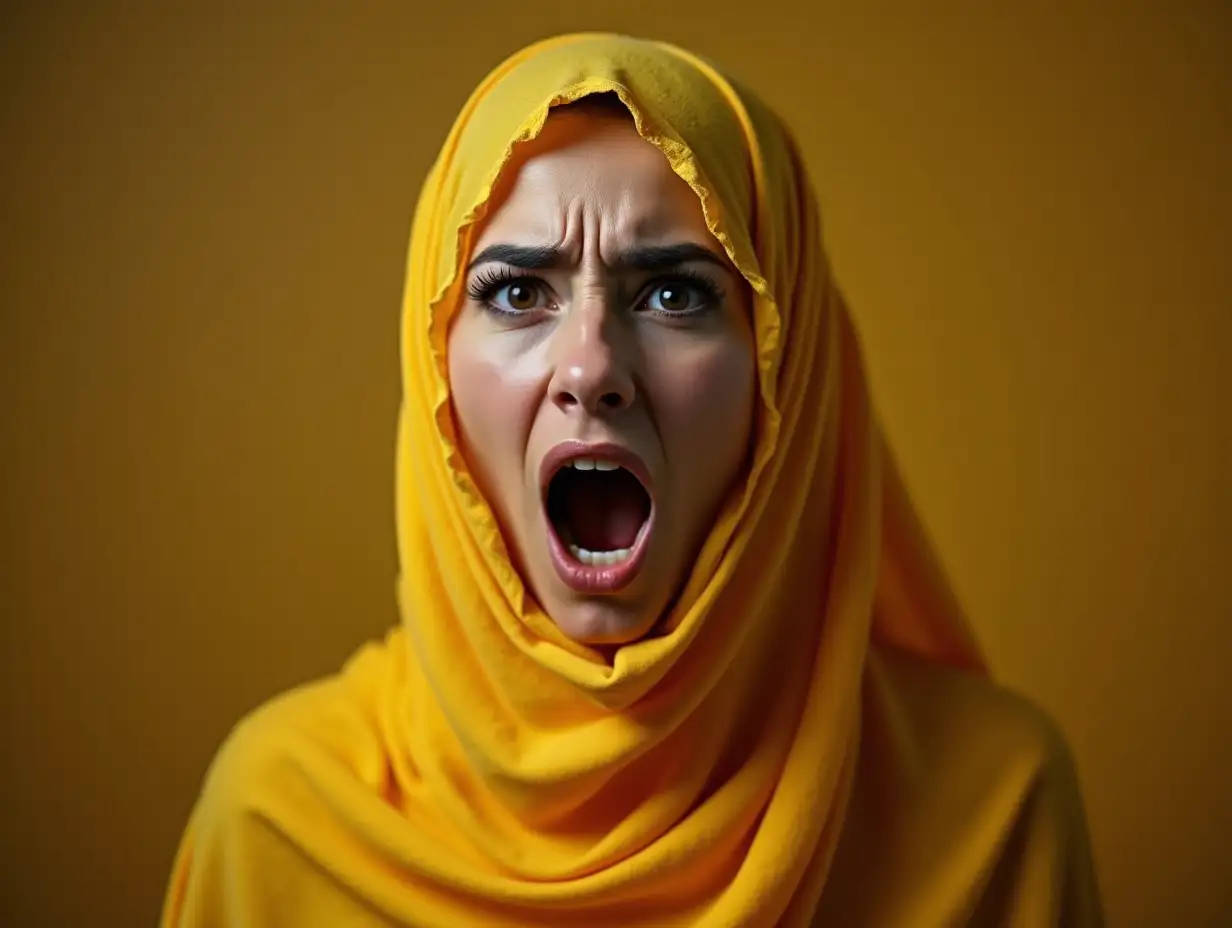 Arabian woman wearing a yellow veil and she is afraid and screaming from fear