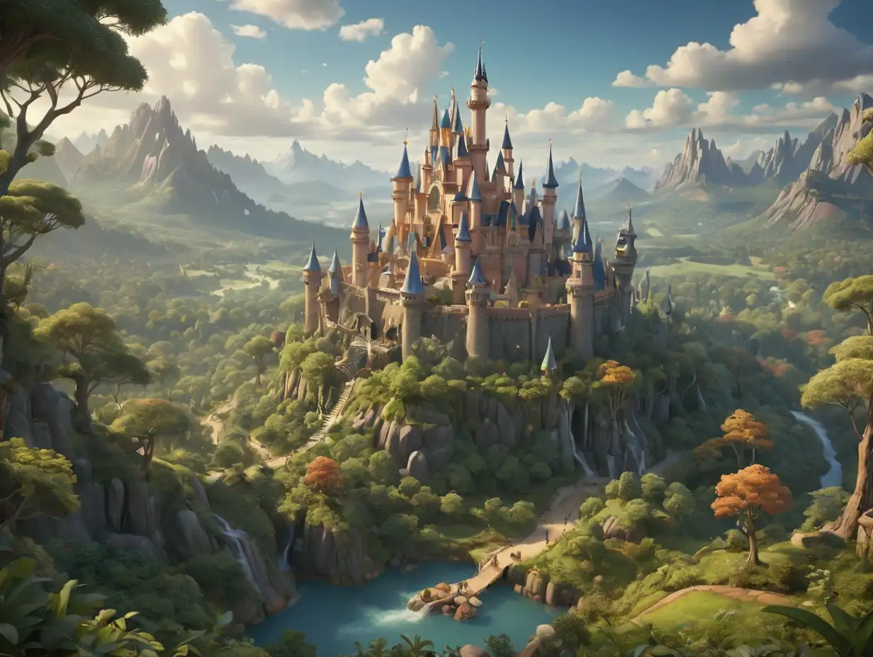 Wide-angle view of a magical kingdom surrounded by forests and mountains, 3d disney inspire