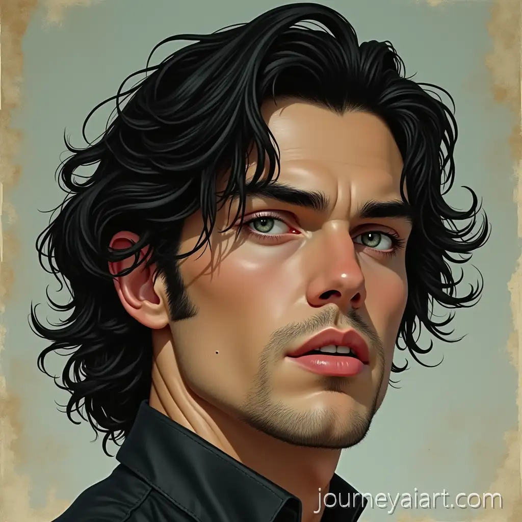 Ethereal-vintage-male-portraitEthereal-Vintage-Art-of-SemiRealistic-Male-with-Wavy-Black-Hair-and-Sharp-Silver-Eyes