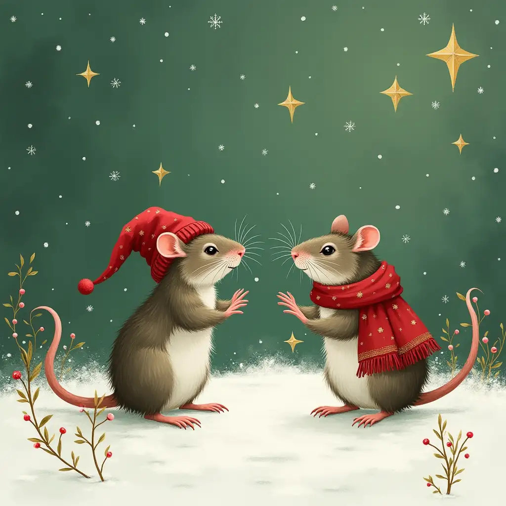 Modern Country Christmas Scene with Rats in the Snow