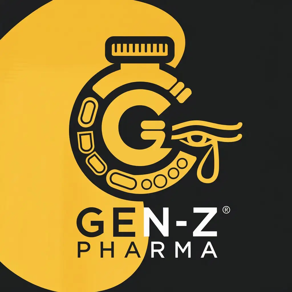 LOGO Design for GenZ Pharma Vibrant Yellow G with Bottle Tube Blister Pack and Eye of Horus on Black Background