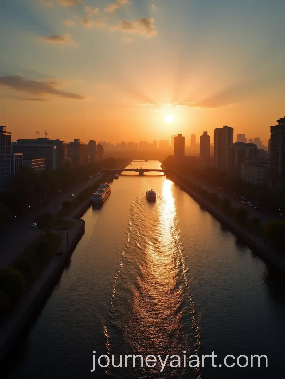 River-Embankment-at-Dawn-with-Sun-Shining-Behind-Horizon-in-a-City