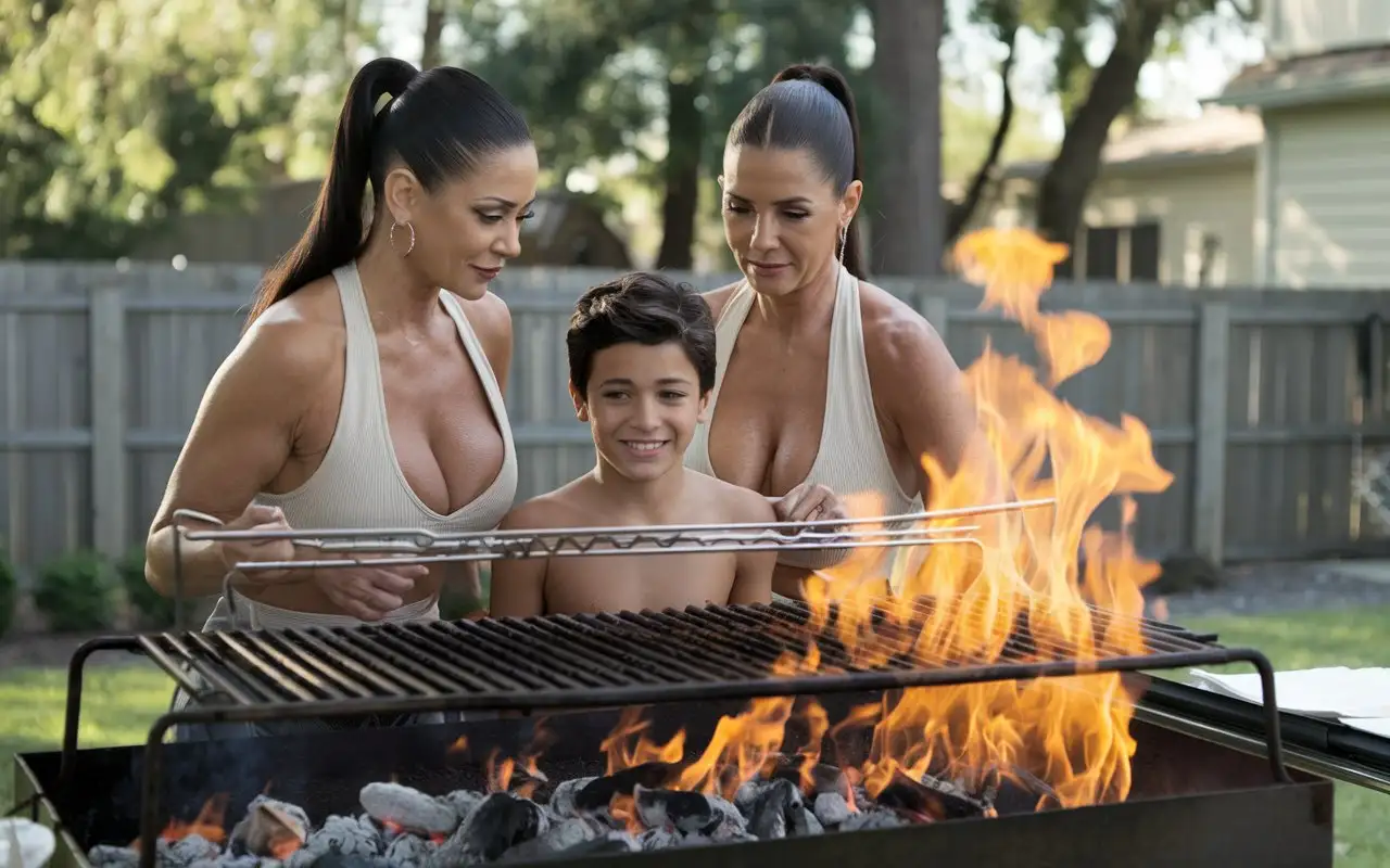 Summer Backyard. Two very beautiful Evil mature smiling latina females with deep necklines and hair slicked back into a ponytail grills a boy on a large grill, big hot flame, hot coals, cinematic, photo , 4k