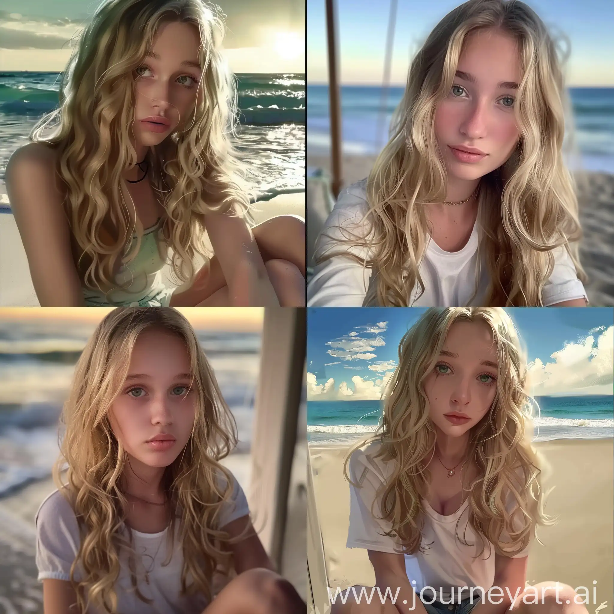 Sweet-Blonde-Girl-with-Green-Eyes-Sitting-on-the-Beach-with-Ocean-Background